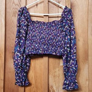 Band of the Free Floral Smocked Long Ruffle Sleeve Crop Top Small Purple & Ivory